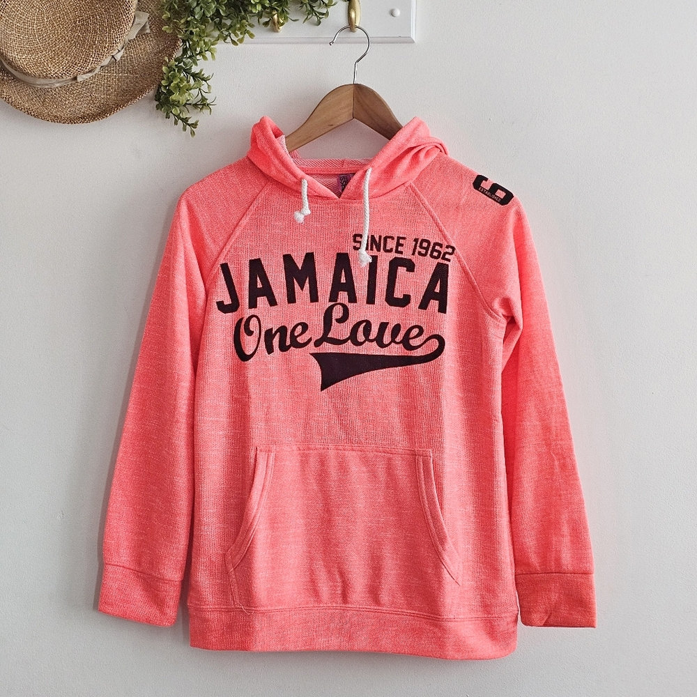 Sunkissed Jamaica One Love Hoodie Neon Coral Graphic Pullover Size M
